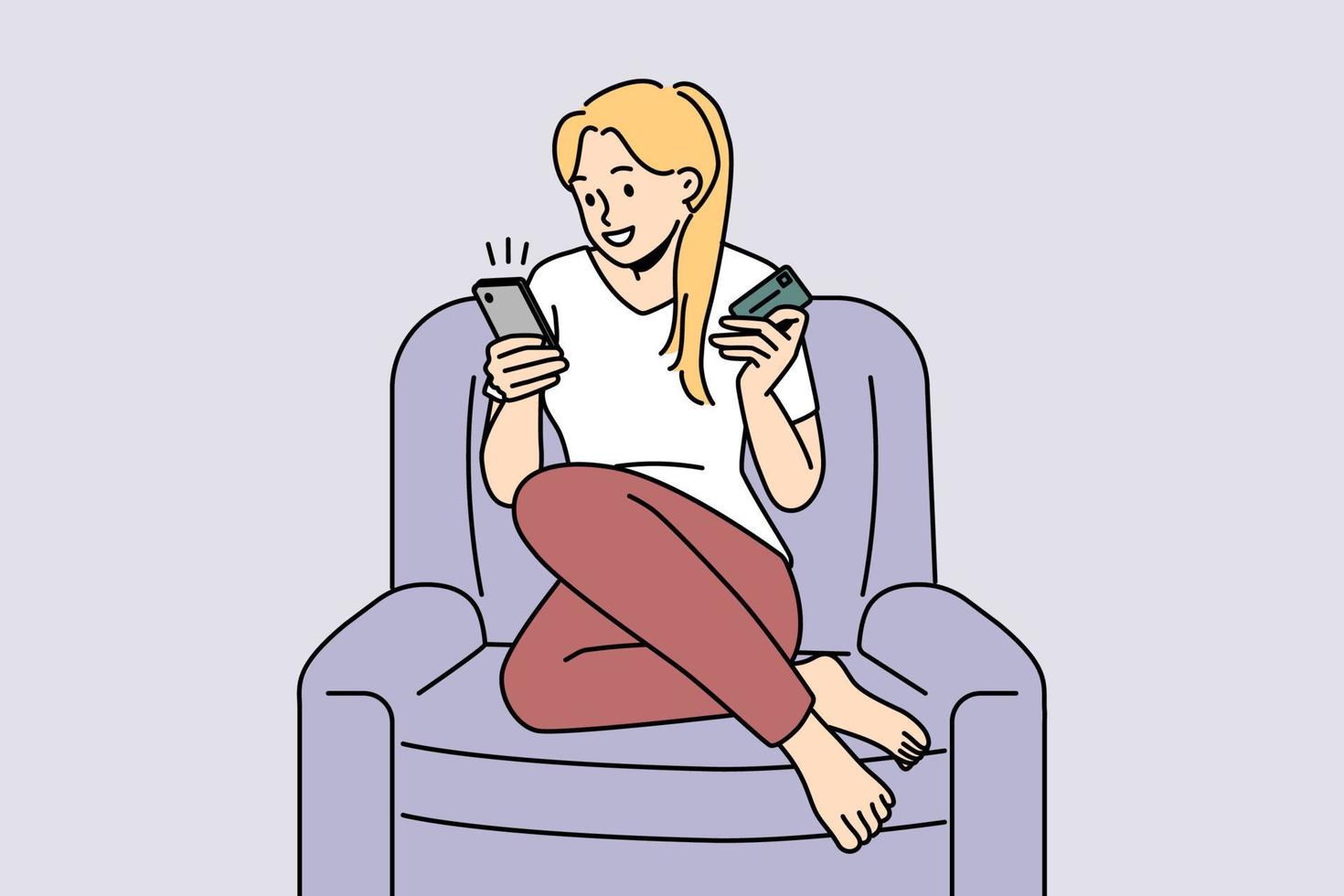 sorridente giovane donna sedersi nel sedia a casa shopping in linea su cellulare con credito carta. contento femmina acquirente Acquista merce su Internet su smartphone. vettore illustrazione.