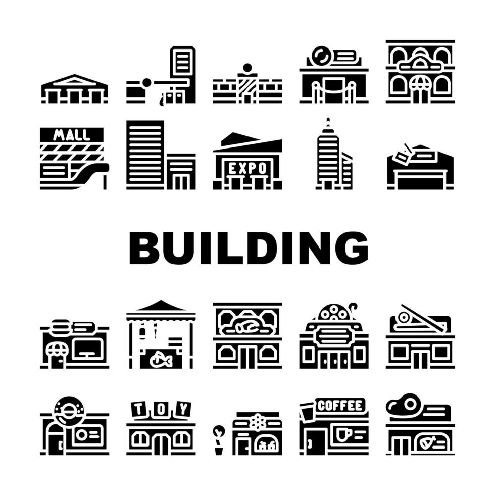 costruzione di edifici esterno icone set vettoriale