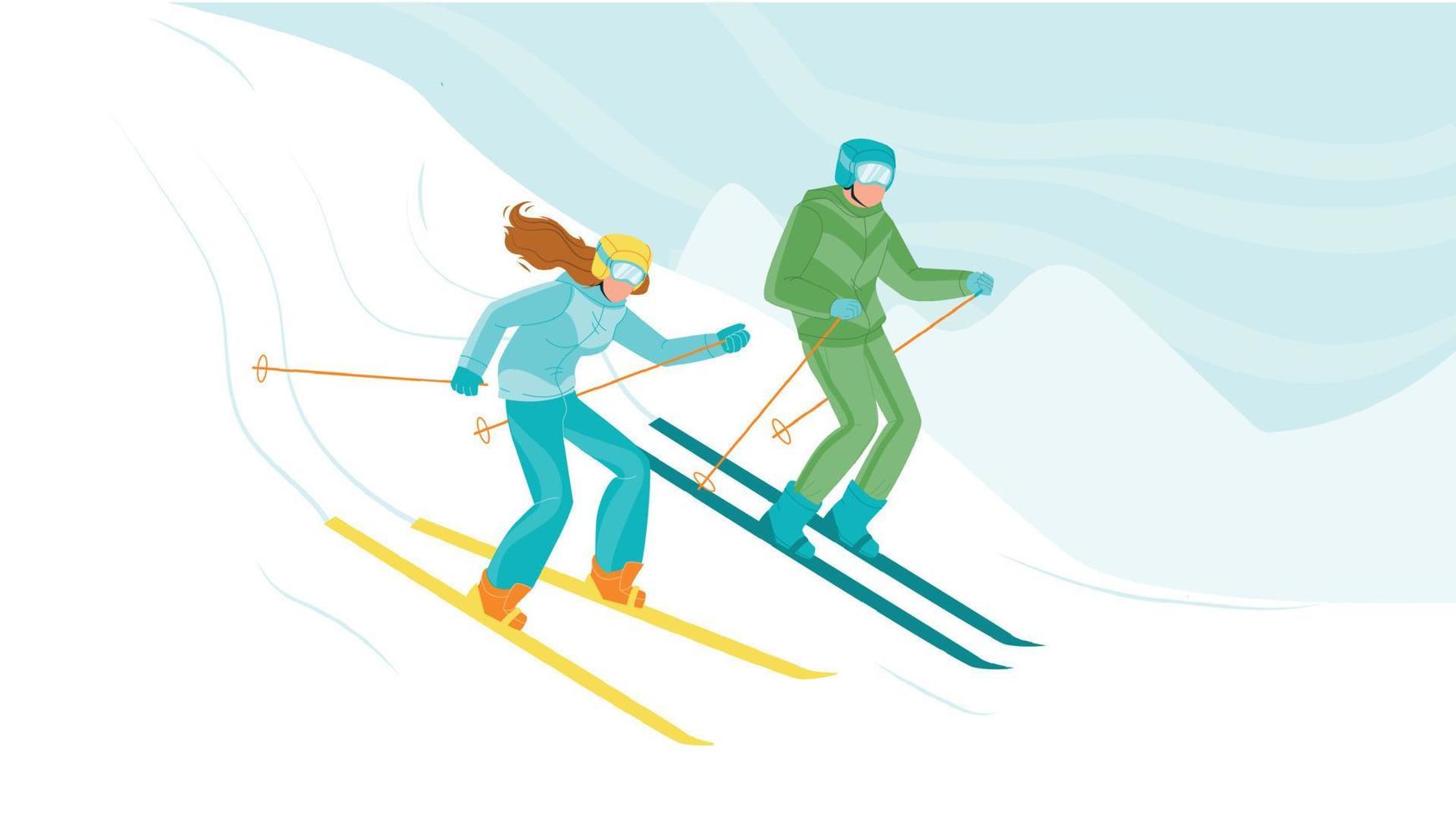 uomo e donna sciare discesa a partire dal collina vettore