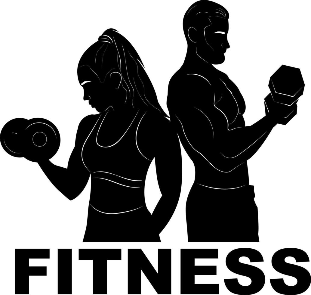 sport. uomo e donna nel addestramento. fitness. silhouette. manubri. logo. palestra. bodybuilding. vettore