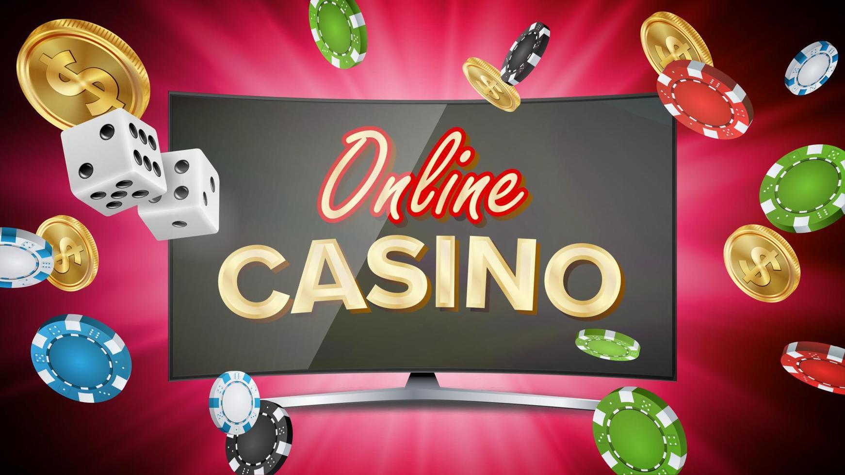 in linea casinò vettore. bandiera con computer tenere sotto controllo. in linea poker gioco d'azzardo casinò bandiera cartello. luminosa patatine fritte, dollaro monete, banconote. illustrazione vettore