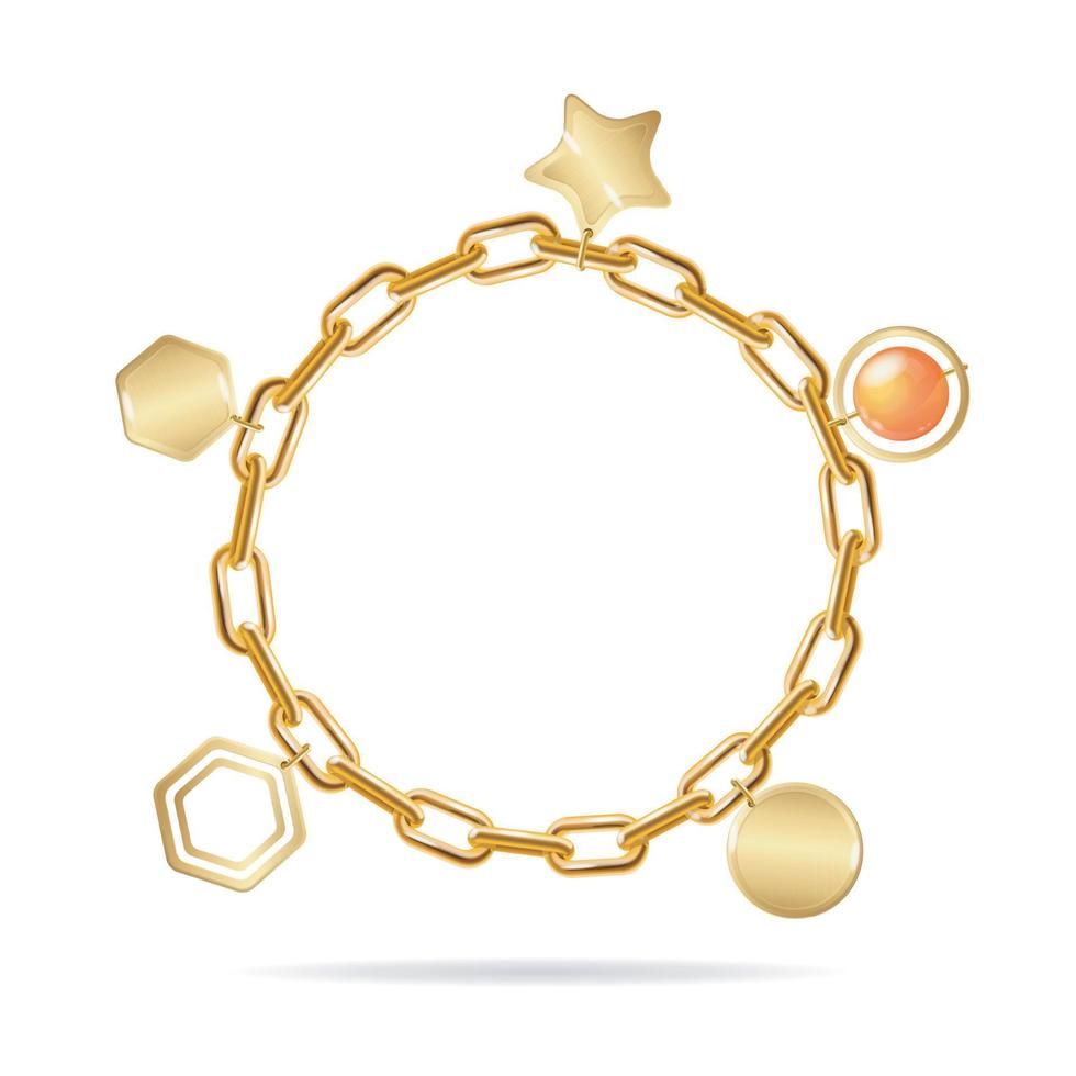 realistico dettagliato 3d oro catena braccialetto con ciondoli. vettore