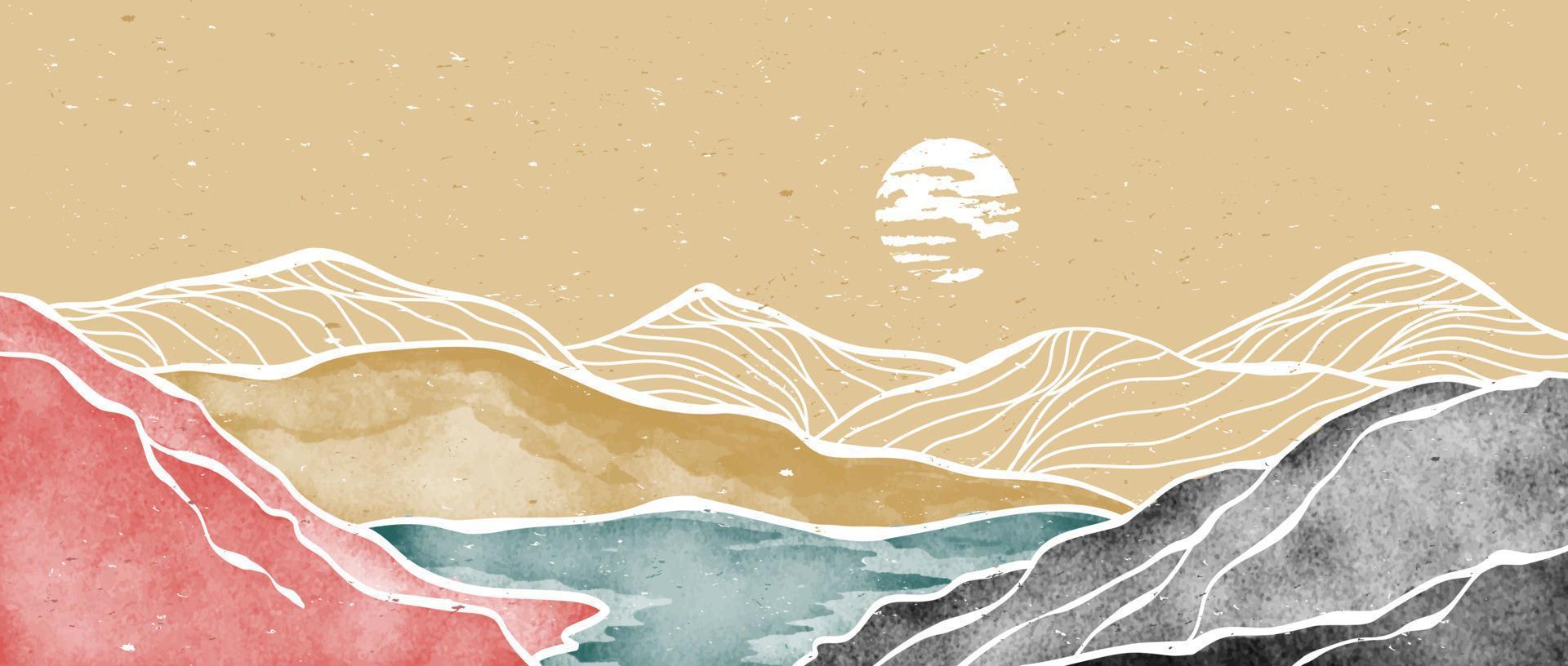 creativo minimalista mano dipinto illustrazioni di medio secolo moderno. astratto contemporaneo estetico sfondi paesaggi con montagna, collina, tramonto, mare. vettore illustrazioni