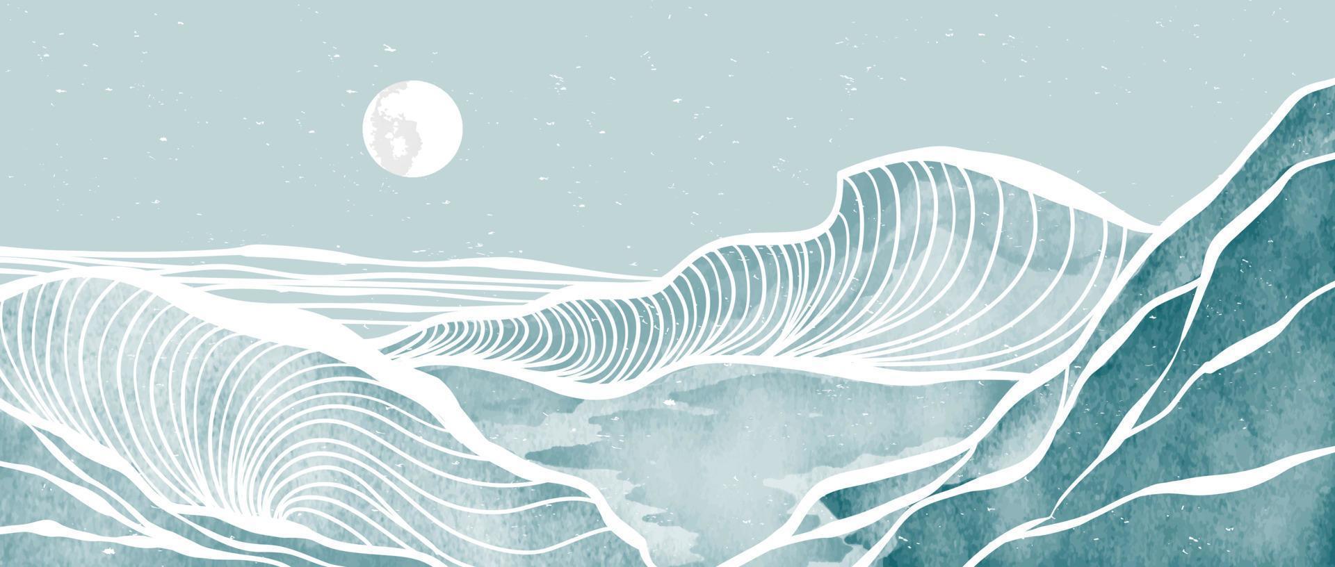 blu oceano onda paesaggio. creativo minimalista moderno dipingere e linea arte Stampa. astratto contemporaneo estetico sfondi paesaggi. con oceano, mare, collina, onda. vettore illustrazioni
