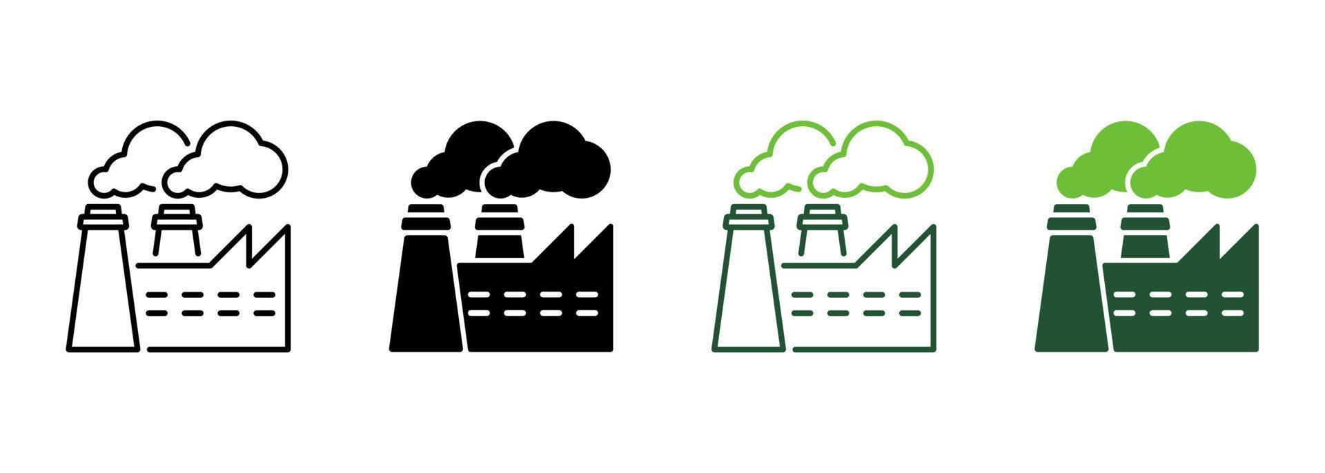 energia stazione elettricità energia linea e silhouette icona impostare. industria edificio con Fumo. energia pianta simbolo collezione su bianca sfondo. fabbrica inquinamento. isolato vettore illustrazione.