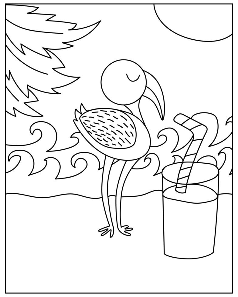 pagina da colorare con uccello fenicottero in stile doodle vettore