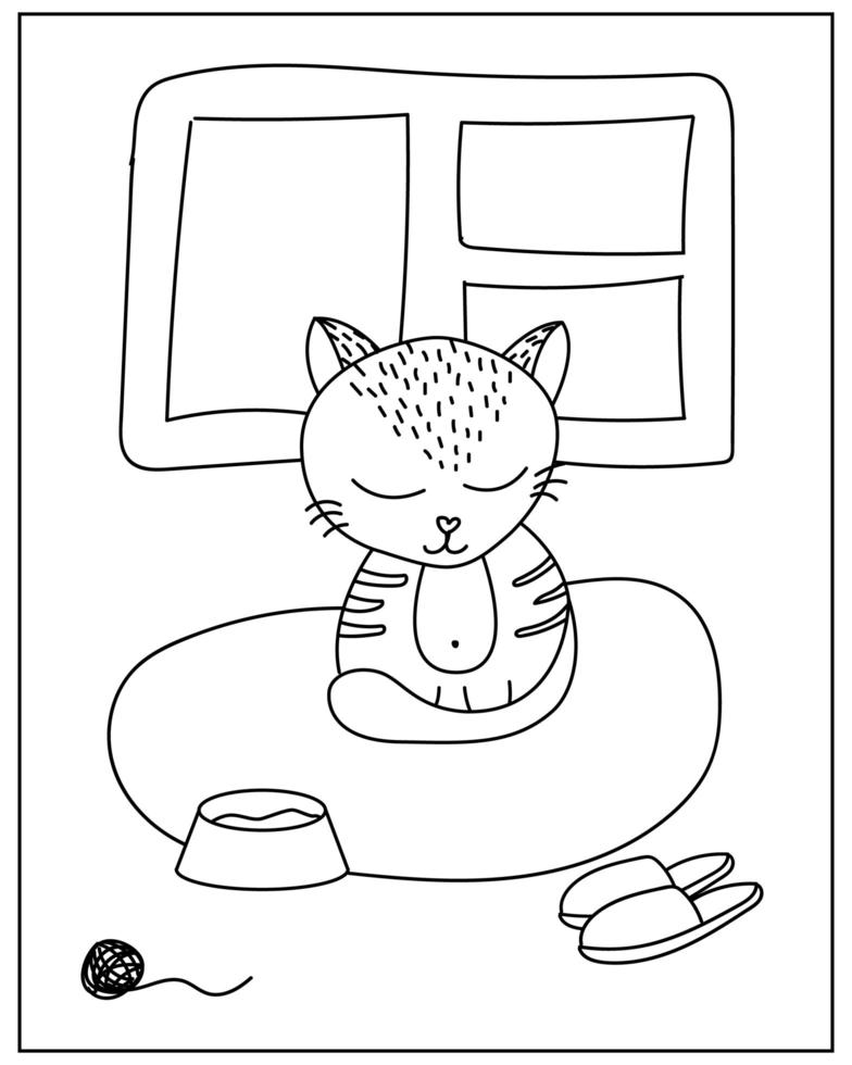 pagina da colorare con simpatico gatto in stile doodle vettore