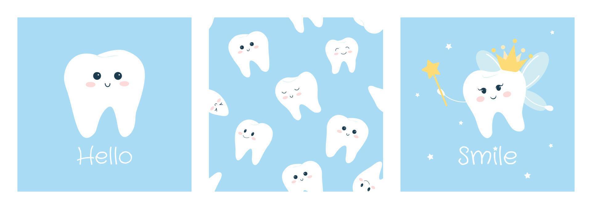 carino vettore illustrazione e senza soluzione di continuità modello con bianca sorridente dente e dente Fata isolato su blu sfondo.