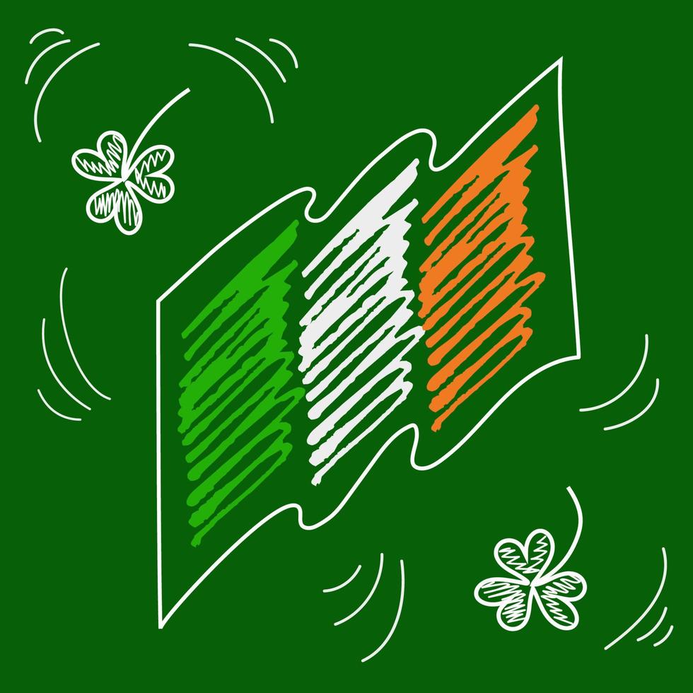 bandiera di Irlanda e quadrifogli nel modulo di gesso o matita scarabocchiare, bambino scarabocchio. abbozzato nazionale simbolo su verde per disegni, stampe vettore