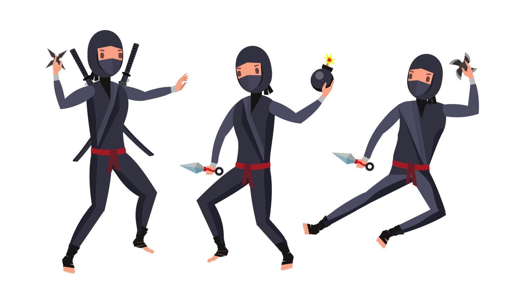 ninja guerriero vettore. nero completo da uomo. mostrando diverso Azioni con Armi. isolato piatto cartone animato illustrazione vettore