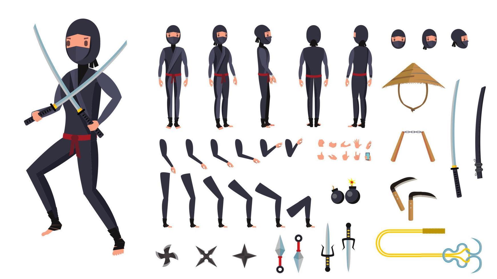 ninja vettore. animato personaggio creazione impostare. ninja utensili impostare. pieno lunghezza, davanti, lato, indietro Visualizza, Accessori, pose, viso emozioni, gesti. isolato piatto cartone animato illustrazione vettore