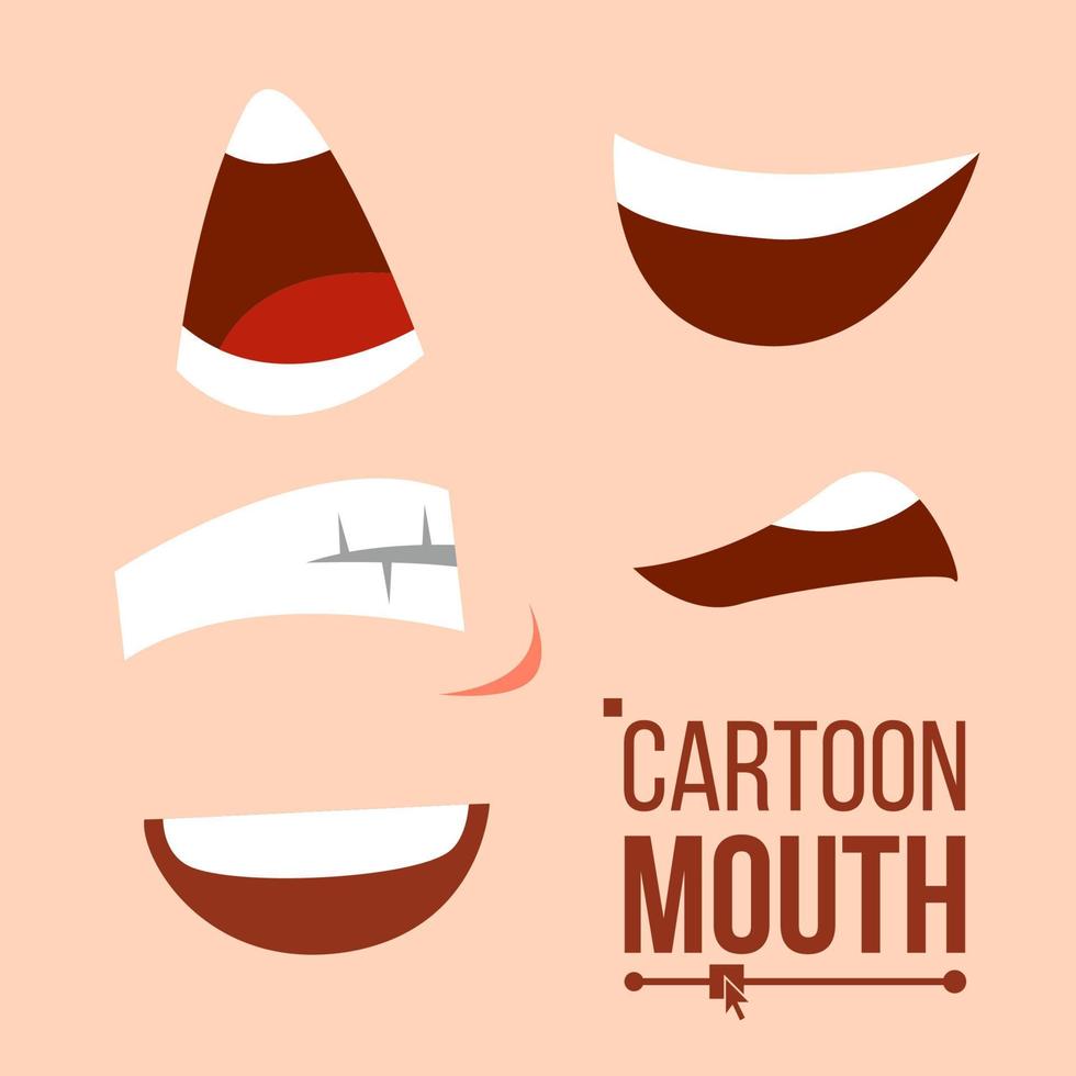 cartone animato bocca impostato vettore. lingua, Sorridi, denti. espressive emozioni. pose elementi. piatto illustrazione vettore