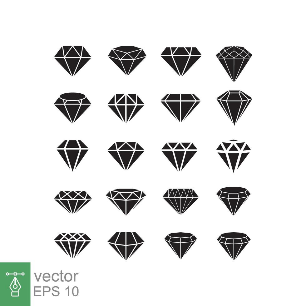 diamante icona impostare. semplice piatto stile. astratto nero diamante collezione, gioiello, cristallo, brillante calcolo, gioielleria concetto. vettore illustrazione design isolato su bianca sfondo. eps 10.