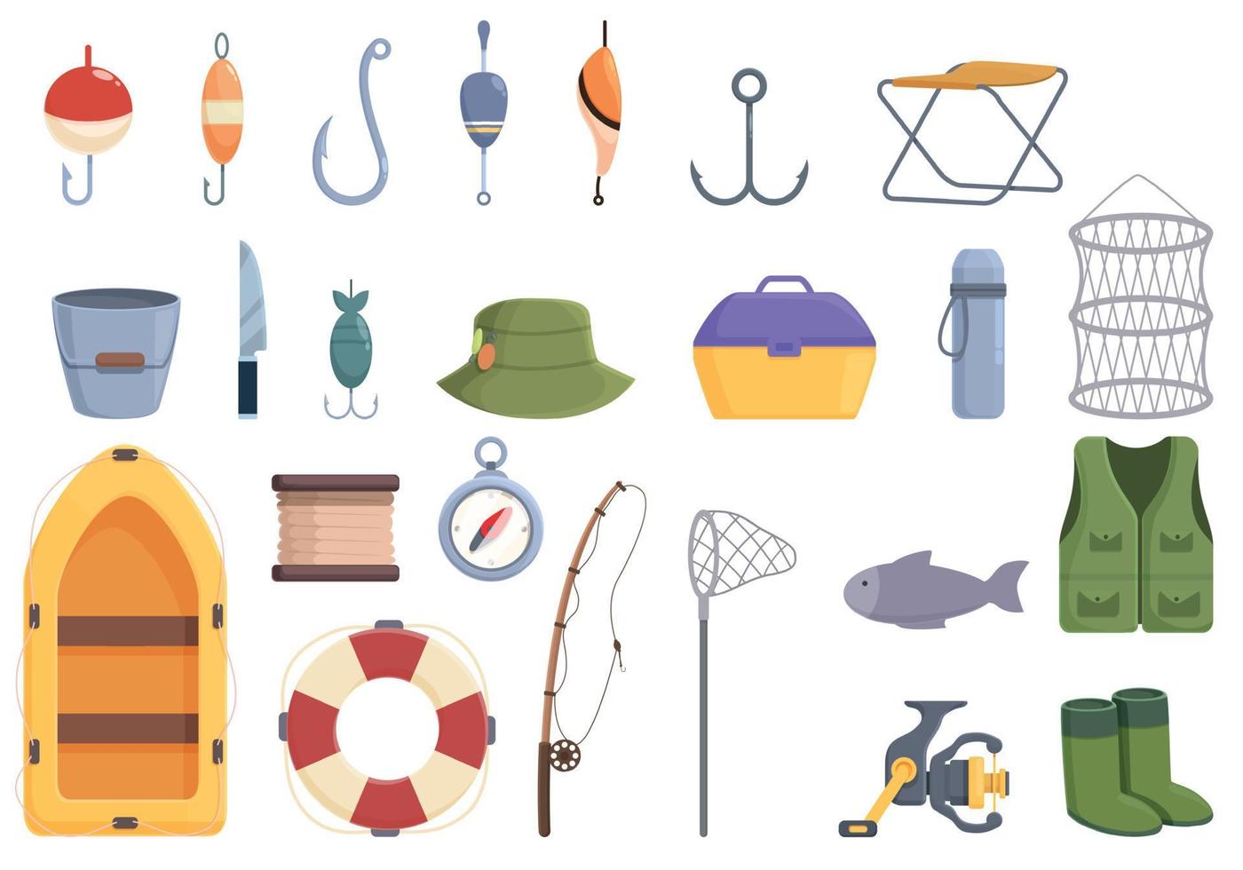pesca icone impostato cartone animato vettore. pesca barca vettore