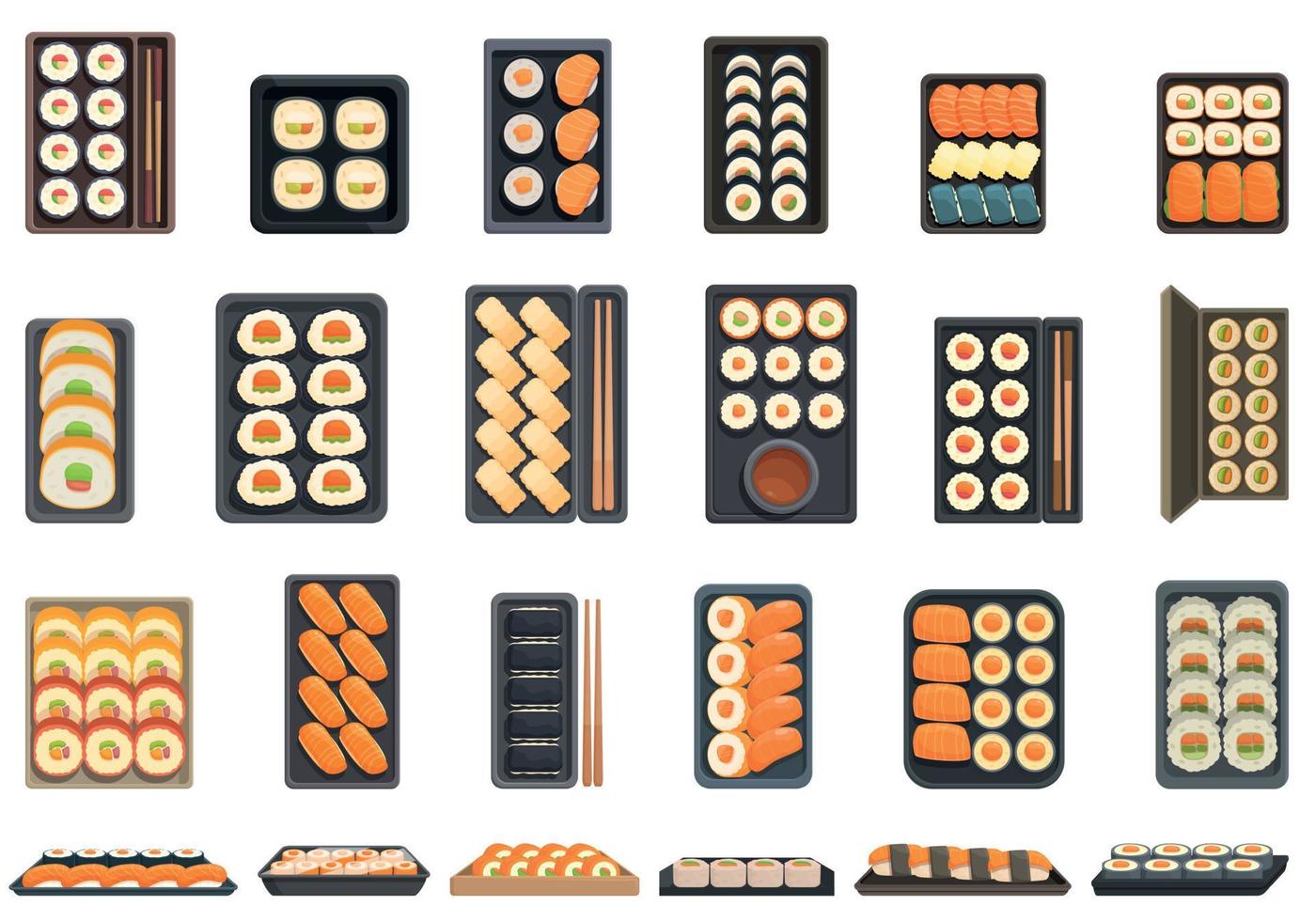 Sushi per partire icone impostato cartone animato vettore. cibo pacchetto vettore