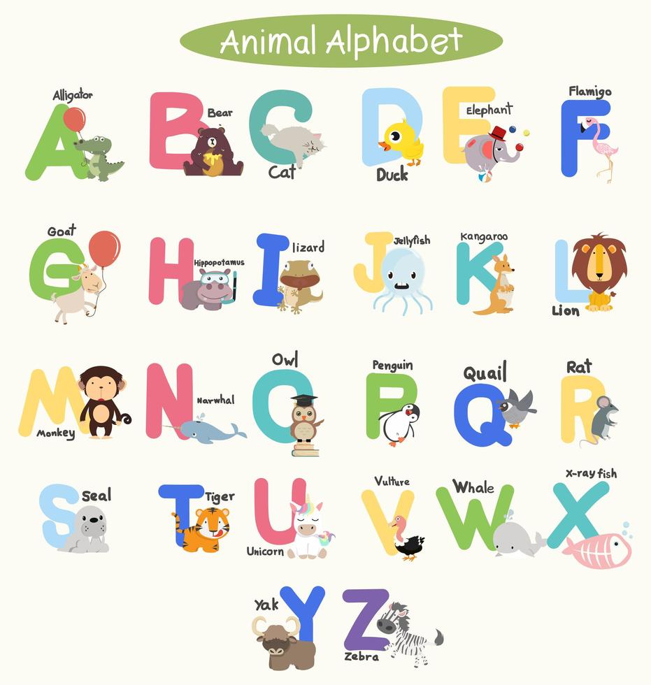 alfabeto per bambini con simpatici animali colorati vettore