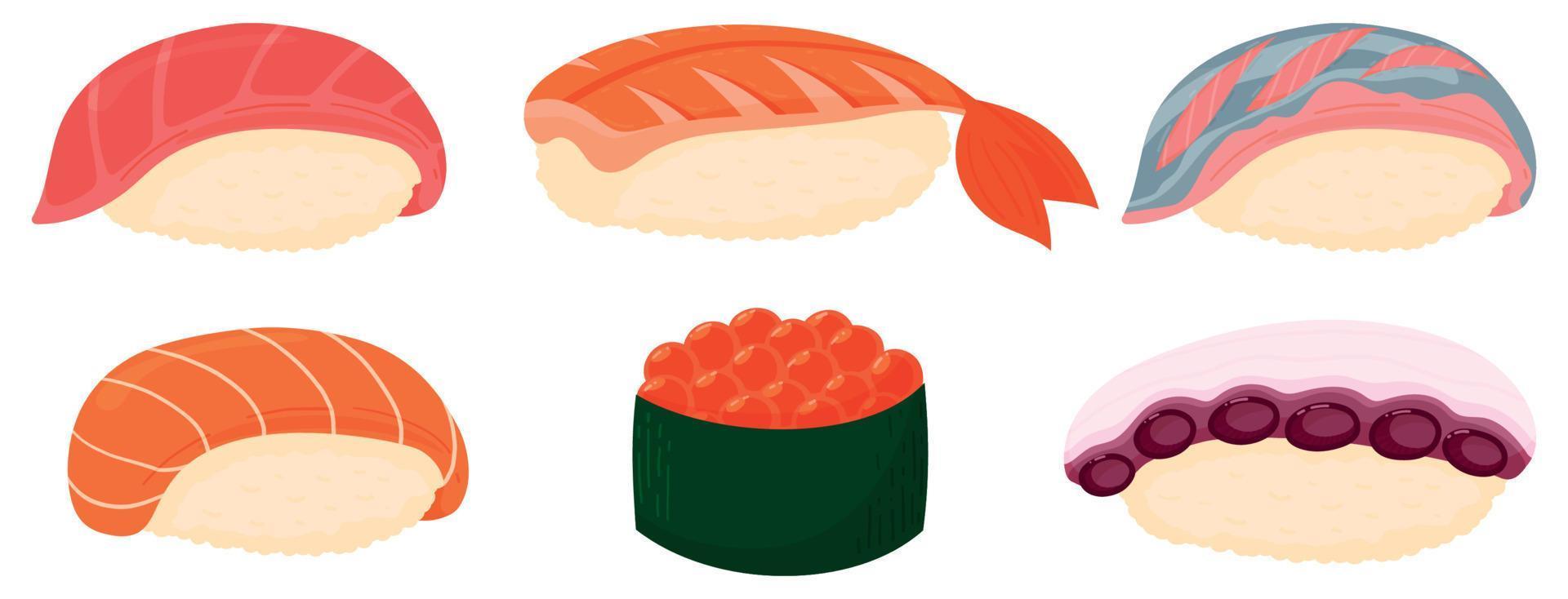 impostato di cartone animato Sushi. salmone, tonno, gamberetto, polpo, iwashi, rosso caviale. giapponese cucina, tradizionale cibo icone su bianca sfondo vettore