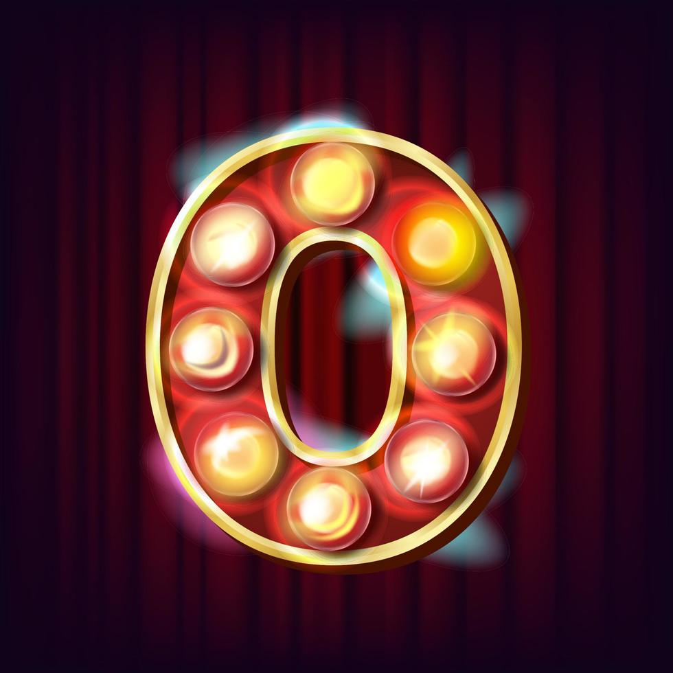 0 numero vettore. zero font tendone leggero cartello. realistico retrò brillare lampada lampadina. 3d elettrico raggiante cifra. Vintage ▾ d'oro illuminato neon luce. carnevale, circo, fessura stile. alfabeto illustrazione vettore