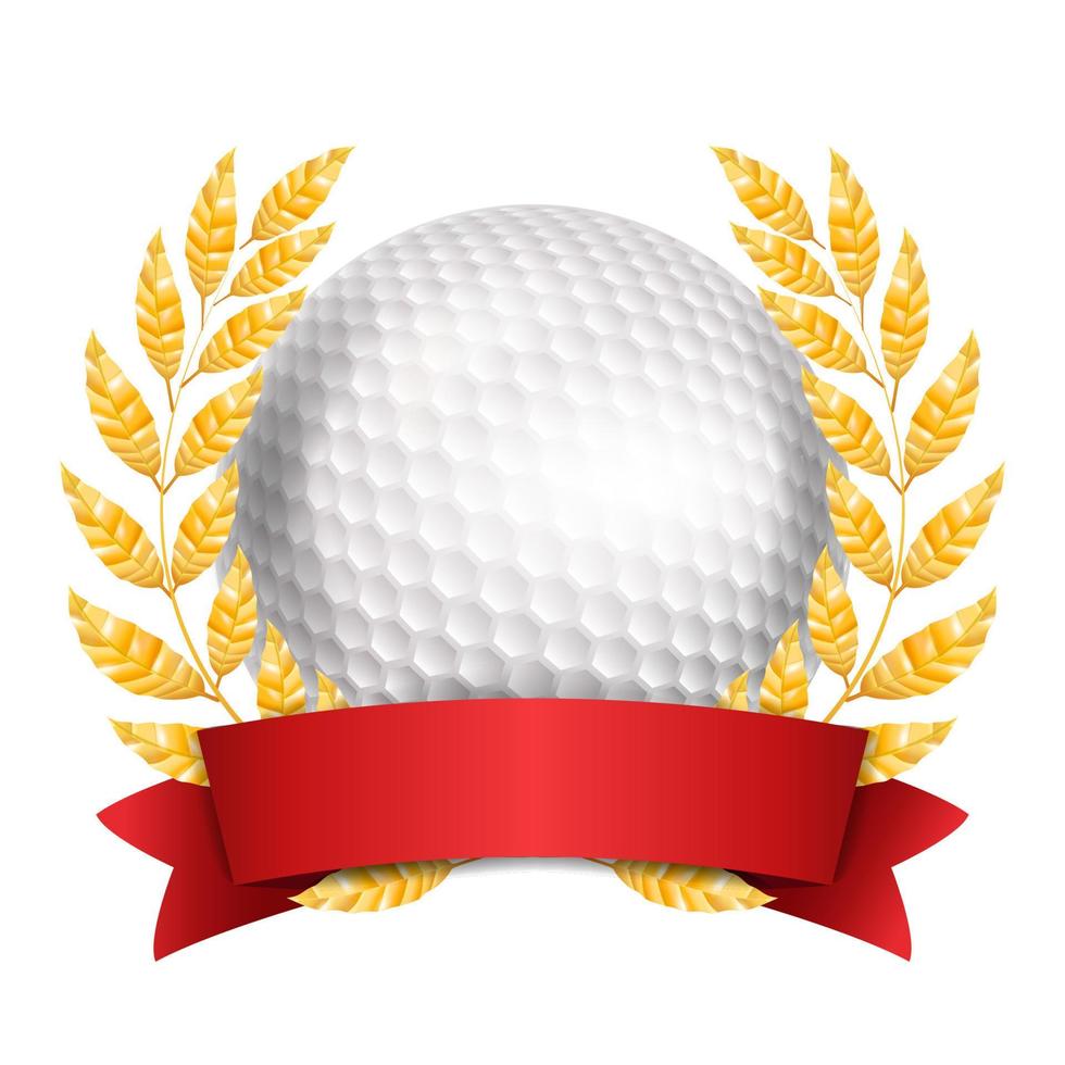 golf premio vettore. sport bandiera sfondo. bianca sfera, rosso nastro, alloro ghirlanda. 3d realistico isolato illustrazione vettore
