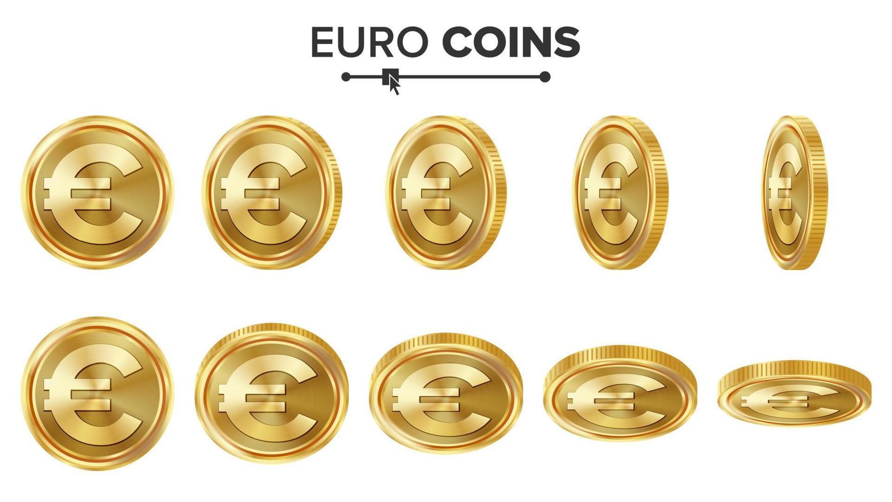 Euro 3d oro monete vettore impostare. realistico illustrazione. Flip diverso angoli. i soldi davanti lato. investimento concetto. finanza moneta icone, cartello, successo bancario denaro contante simbolo. moneta isolato su bianca