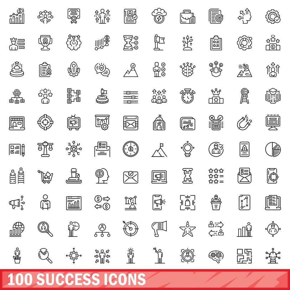 100 icone di successo impostate, stile contorno vettore