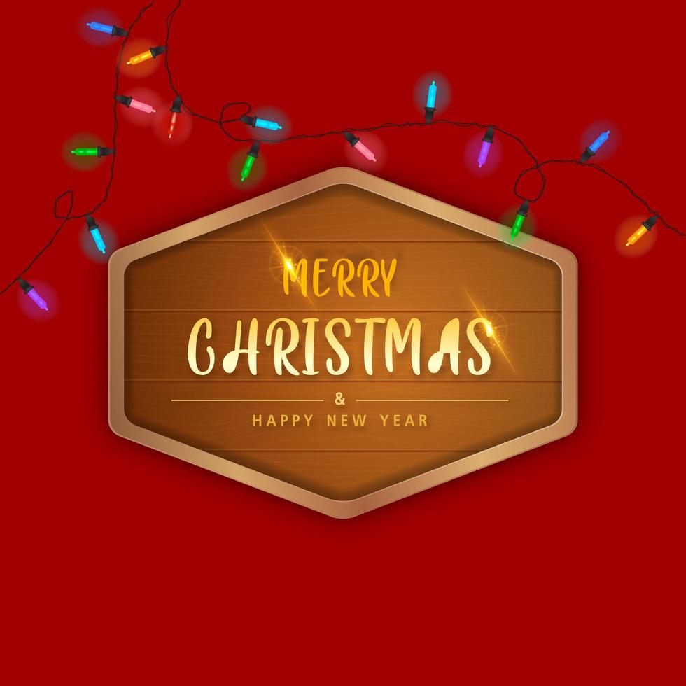 buon Natale e felice anno nuovo in cornice di legno su sfondo rosso. modello di progettazione brochure, carta, banner, illustrazione vettoriale. vettore