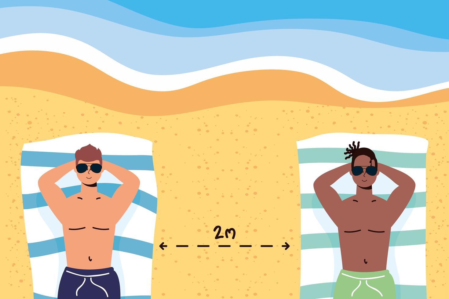 uomini che prendono il sole con distanza sociale in spiaggia vettore