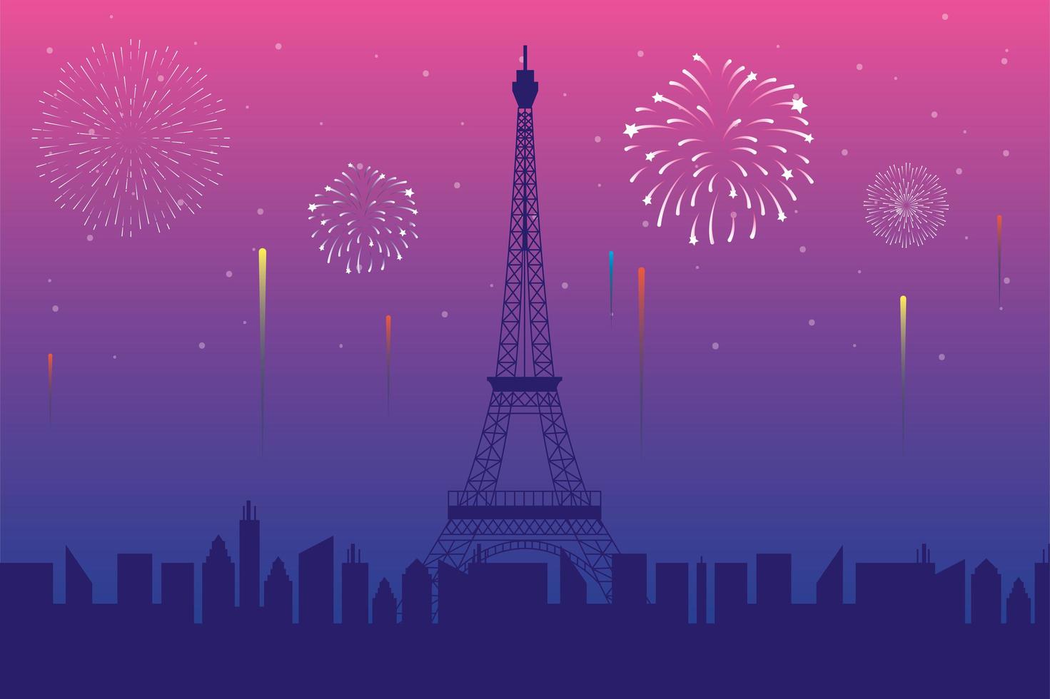 fuochi d'artificio scoppiano esplosioni sullo sfondo di Parigi vettore