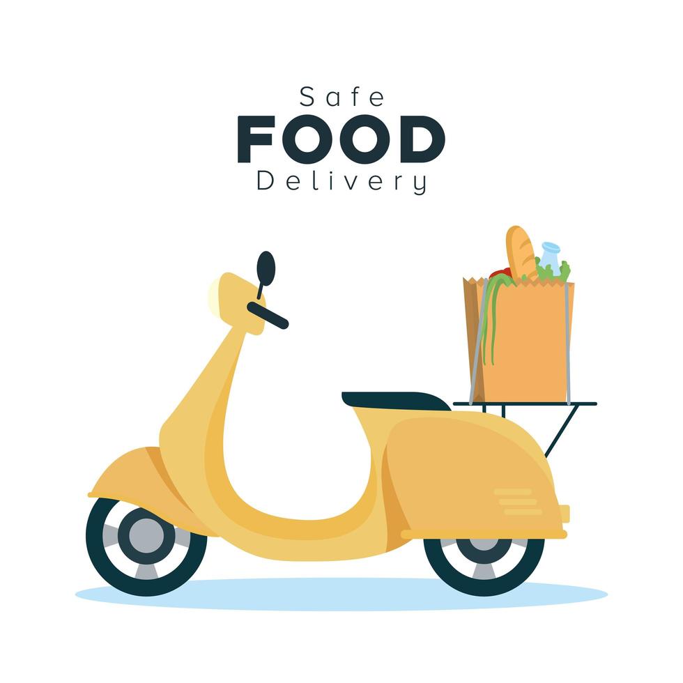 banner di consegna di cibo sicuro con scooter e generi alimentari vettore