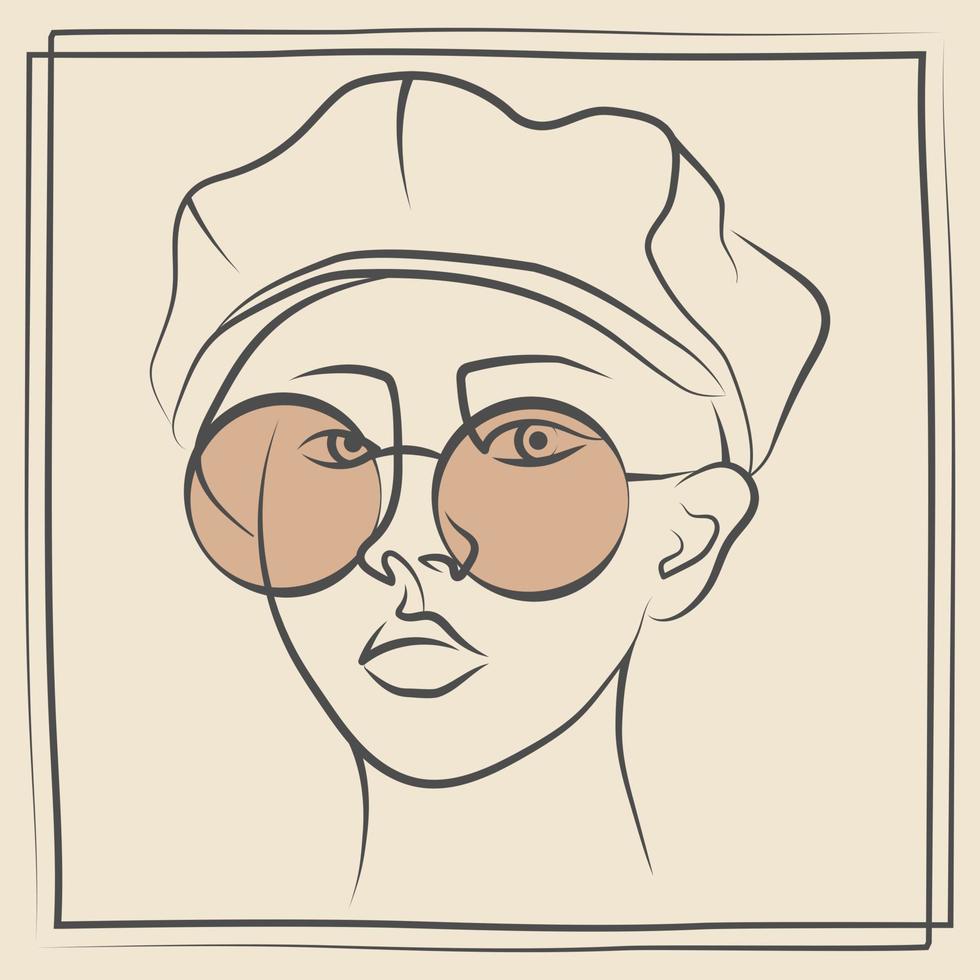 giovane lineare donna nel cappello linea disegno illustrazione. minimalista moderno donne viso continuo linea arte. vettore piazza arte
