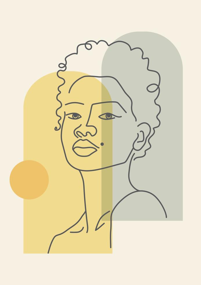 astratto minimalista illustrazione con lineare giovane donna manifesto. parete decorazione, cartolina con africano signora. vettore a4