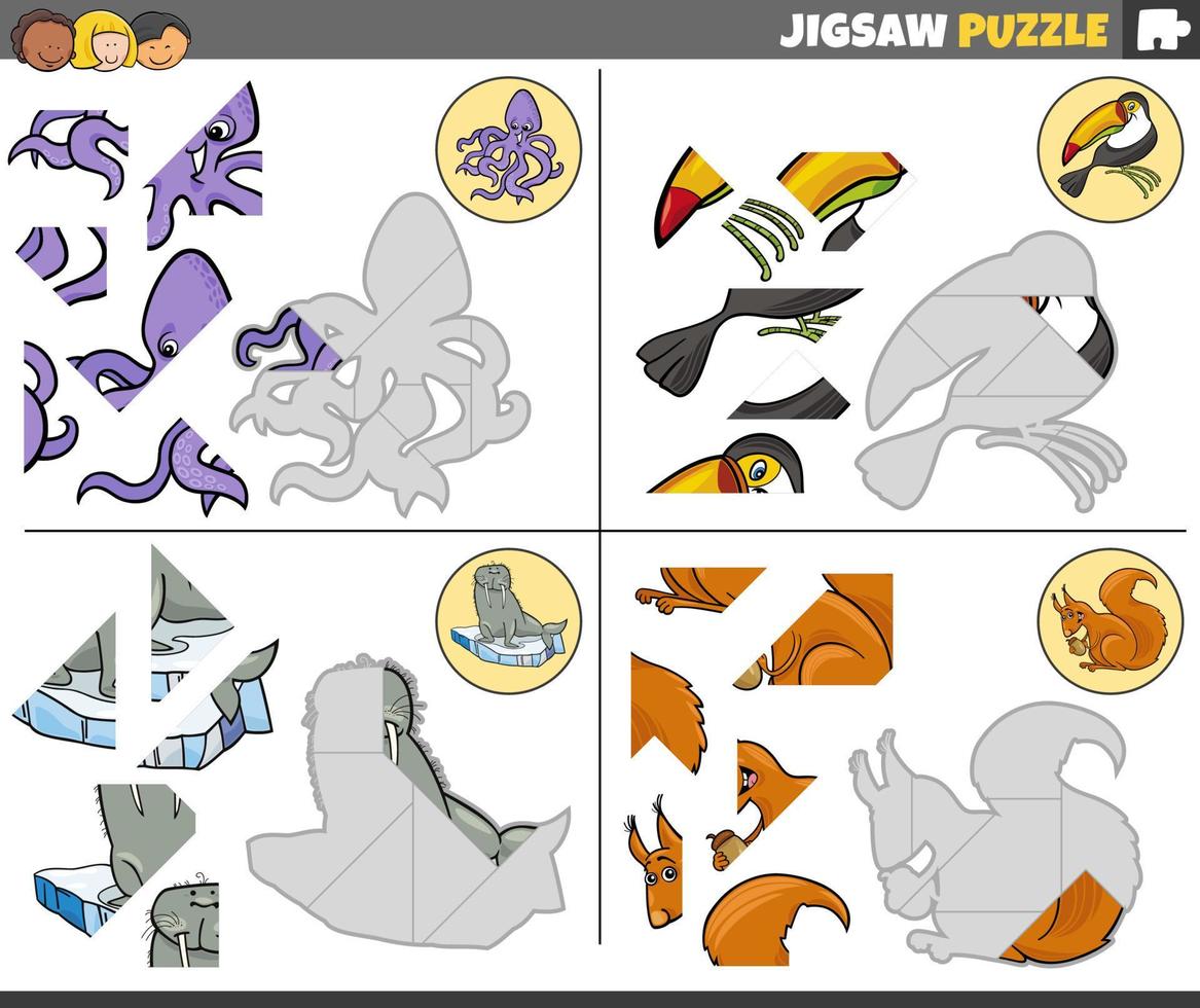 sega puzzle compito impostato con cartone animato animali vettore