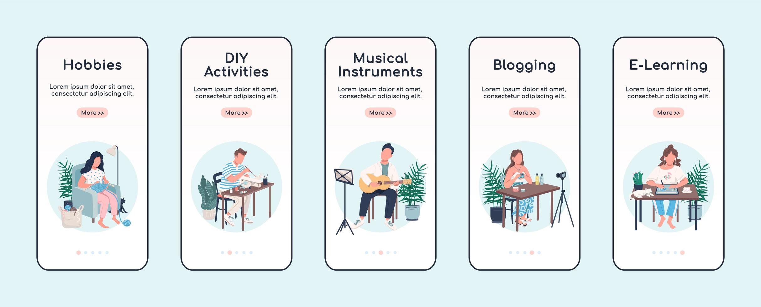 imparare l'app mobile per l'onboarding di hobby creativi vettore