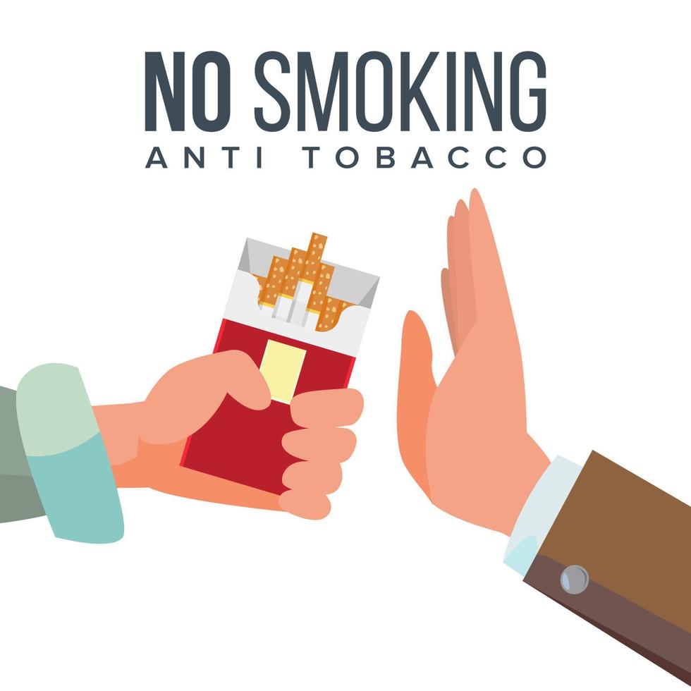 no fumo concetto vettore. anti tabacco. mano offerte per Fumo Tenere un' imballare di sigarette. gesto rifiuto. proposta Fumo. isolato piatto cartone animato illustrazione vettore