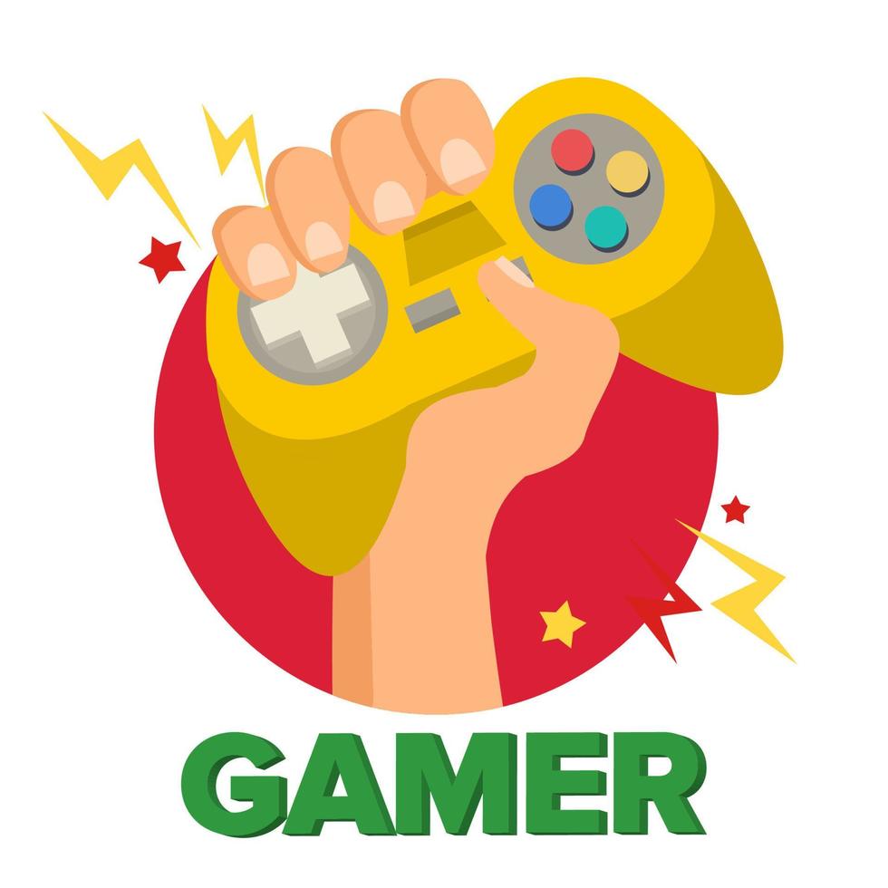 gamer mano con gioia bastone vettore. gioco concetto. video gioco console, controllore simbolo, gamepad. isolato piatto cartone animato illustrazione vettore