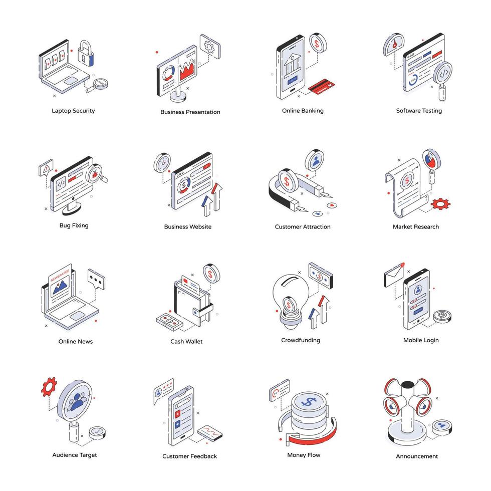 fascio di attività commerciale analisi isometrico icone vettore