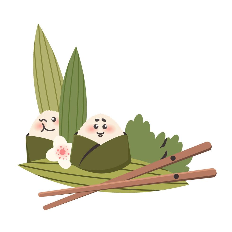 cartone animato carino onigiri con bastoncini nel natura. asiatico cibo. riso palla come tradizionale giapponese piatto. scarabocchio disegnato vettore illustrazione per menù, manifesto, volantino, striscione, cucinando concetto