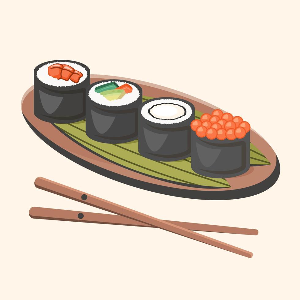 impostato di giapponese nigiri Sushi maki con bacchette, le foglie. asiatico piatto. tradizionale cibo avvicinamento con bacchette, di legno vassoio. vettore piatto illustrazione per menù, manifesto, volantino, striscione, cucinando concetto