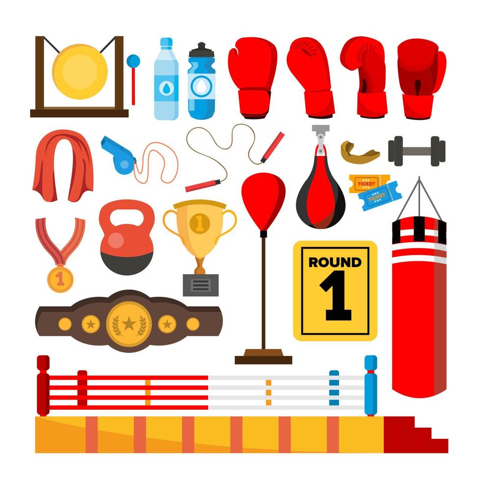 strumenti di boxe attrezzature set vettoriale. accessori per scatole. boxer, anello, cintura, sacchi da boxe, guanti rossi, casco. illustrazione di cartone animato piatto isolato vettore