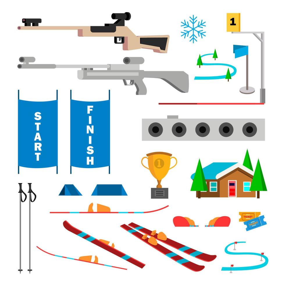 biathlon icone impostato vettore. biathlon Accessori. obbiettivo, pistola, obbiettivo, inizio, finire. isolato piatto cartone animato illustrazione vettore