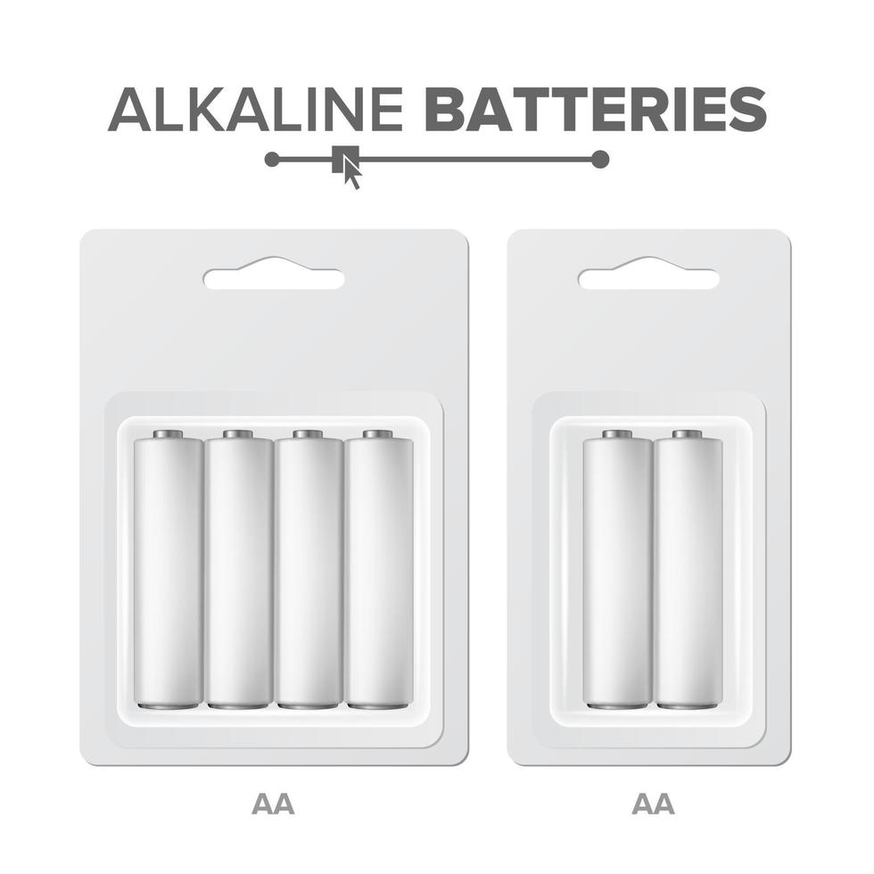 aa batterie confezionato vettore. alcalino batteria nel vescica. realistico lucido batteria accumulatore. finto su bene per il branding design. avvicinamento isolato illustrazione vettore