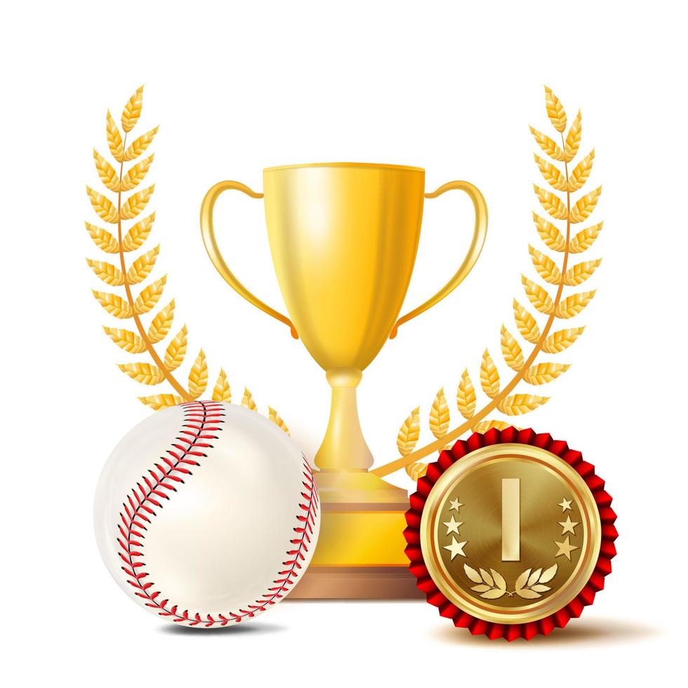 baseball realizzazione premio vettore. sport bandiera sfondo. bianca sfera, rosso punti, vincitore tazza, d'oro 1 ° posto medaglia. realistico isolato illustrazione vettore