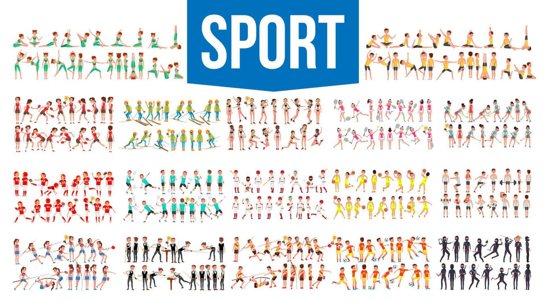 atleta impostato vettore. uomo, donna. gruppo di gli sport persone nel uniforme, abbigliamento. personaggio nel gioco azione. piatto cartone animato illustrazione vettore