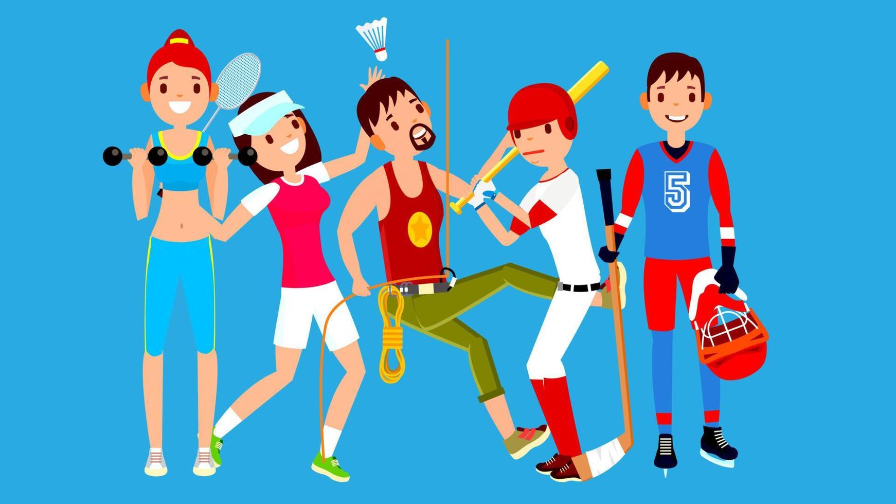 atleta impostato vettore. uomo, donna. fitness ragazza, tennis, scalatore, baseball, hockey. gruppo di gli sport persone nel uniforme, abbigliamento. sportivo personaggio nel gioco azione. piatto cartone animato illustrazione vettore