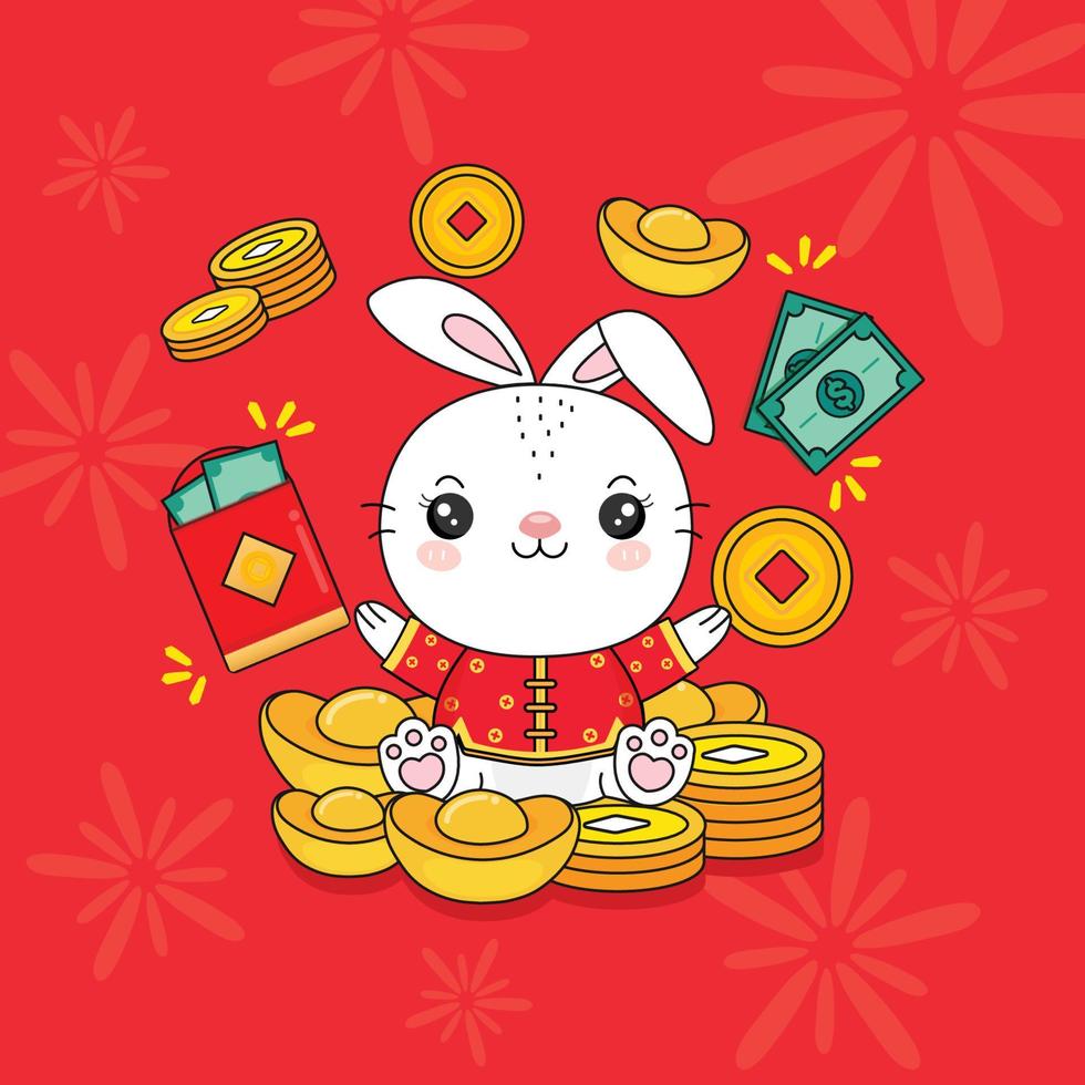 Cinese nuovo anno 2023 anno di il coniglio con ricchezza oro i soldi. vettore