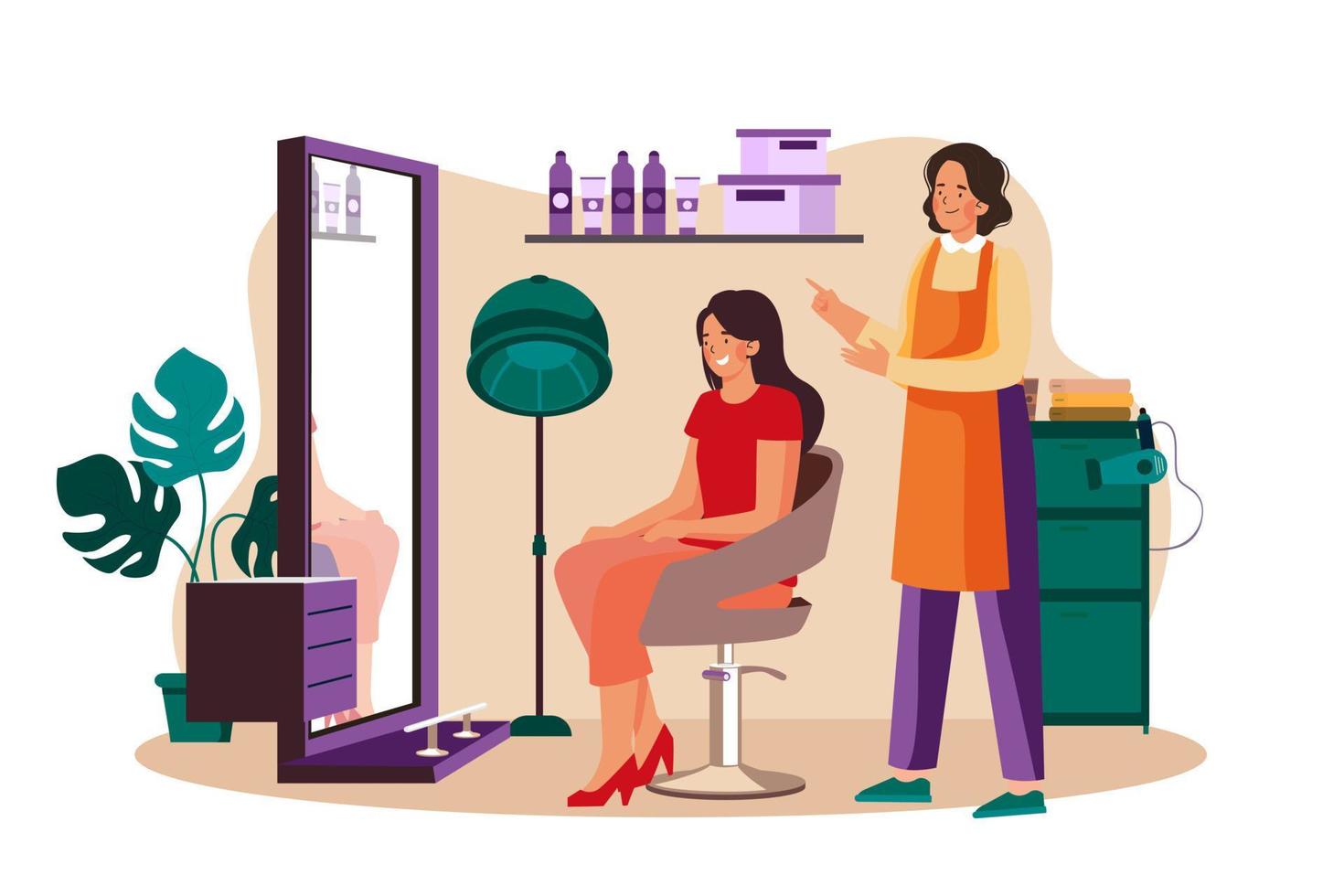 parrucchiere e femmina cliente parlando nel capelli salone vettore