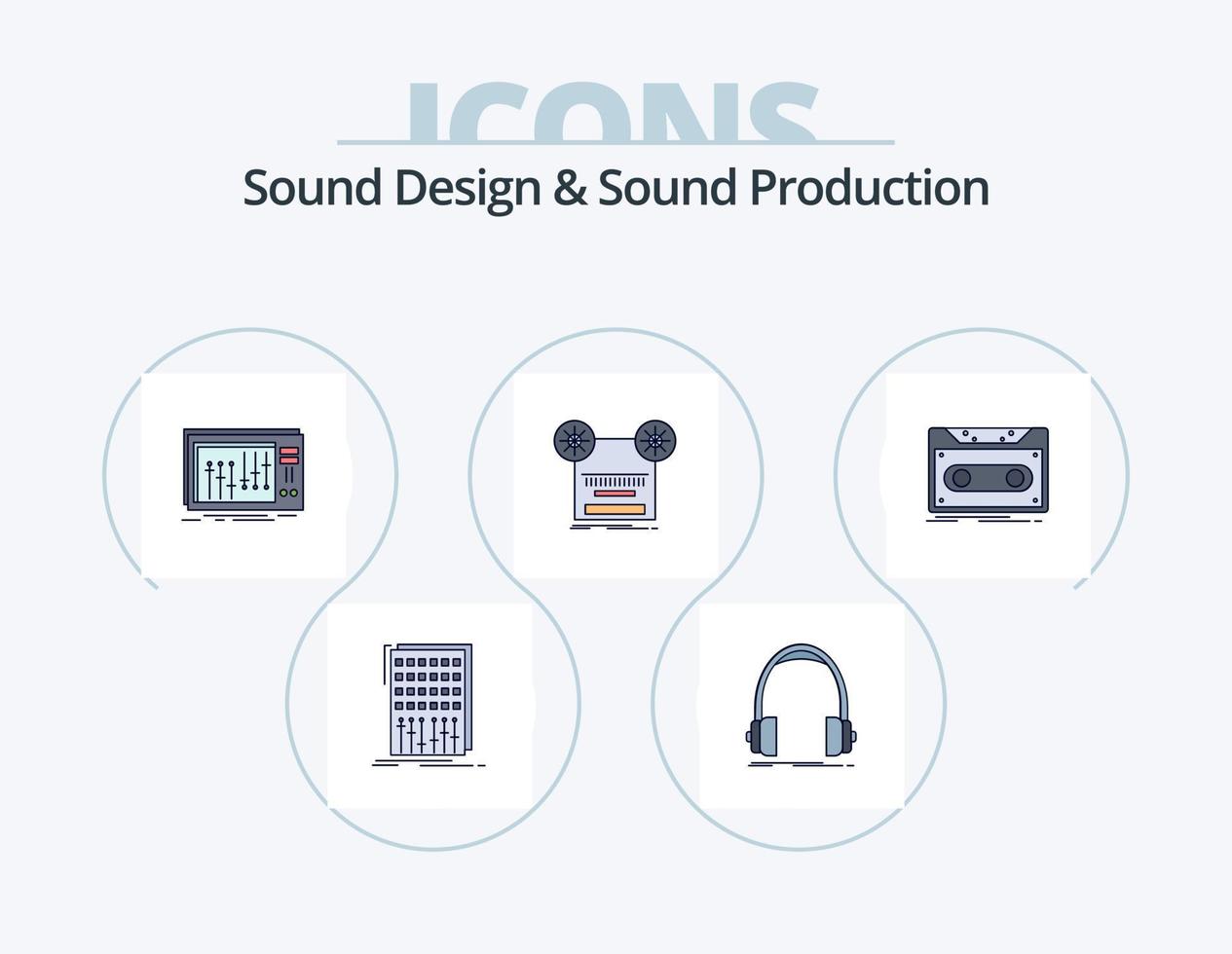 suono design e suono produzione linea pieno icona imballare 5 icona design. ciclo continuo. Audio. interfaccia. studio. miscelatore vettore