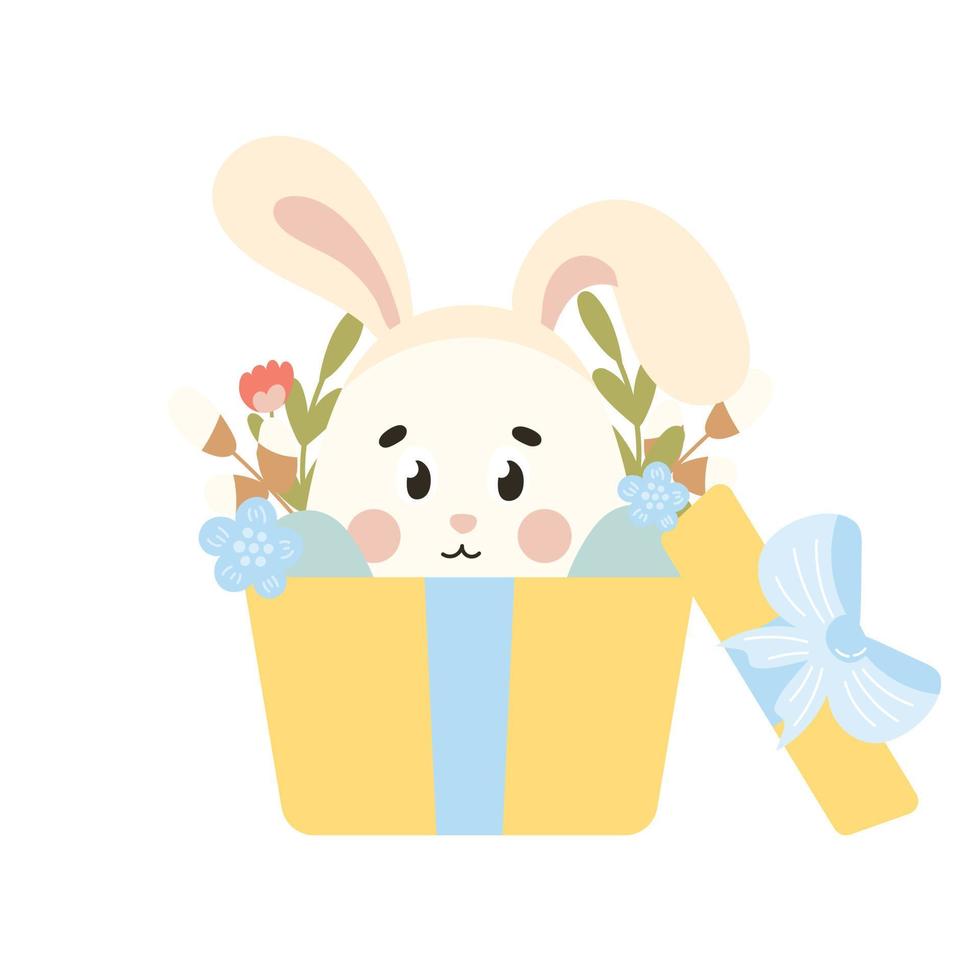 carino Pasqua uovo personaggio con coniglietto orecchie nel regalo scatola con fiori, design elemento per primavera a tema inviti vettore