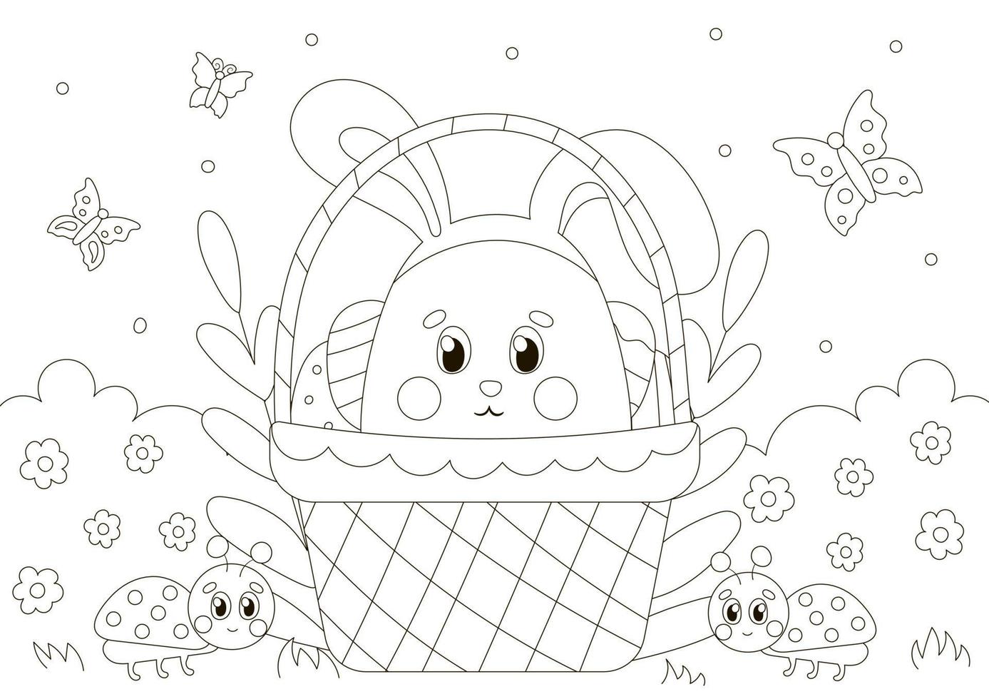 carino colorazione pagina per Pasqua con coniglietto personaggio nel cestino con fiori e farfalle vettore