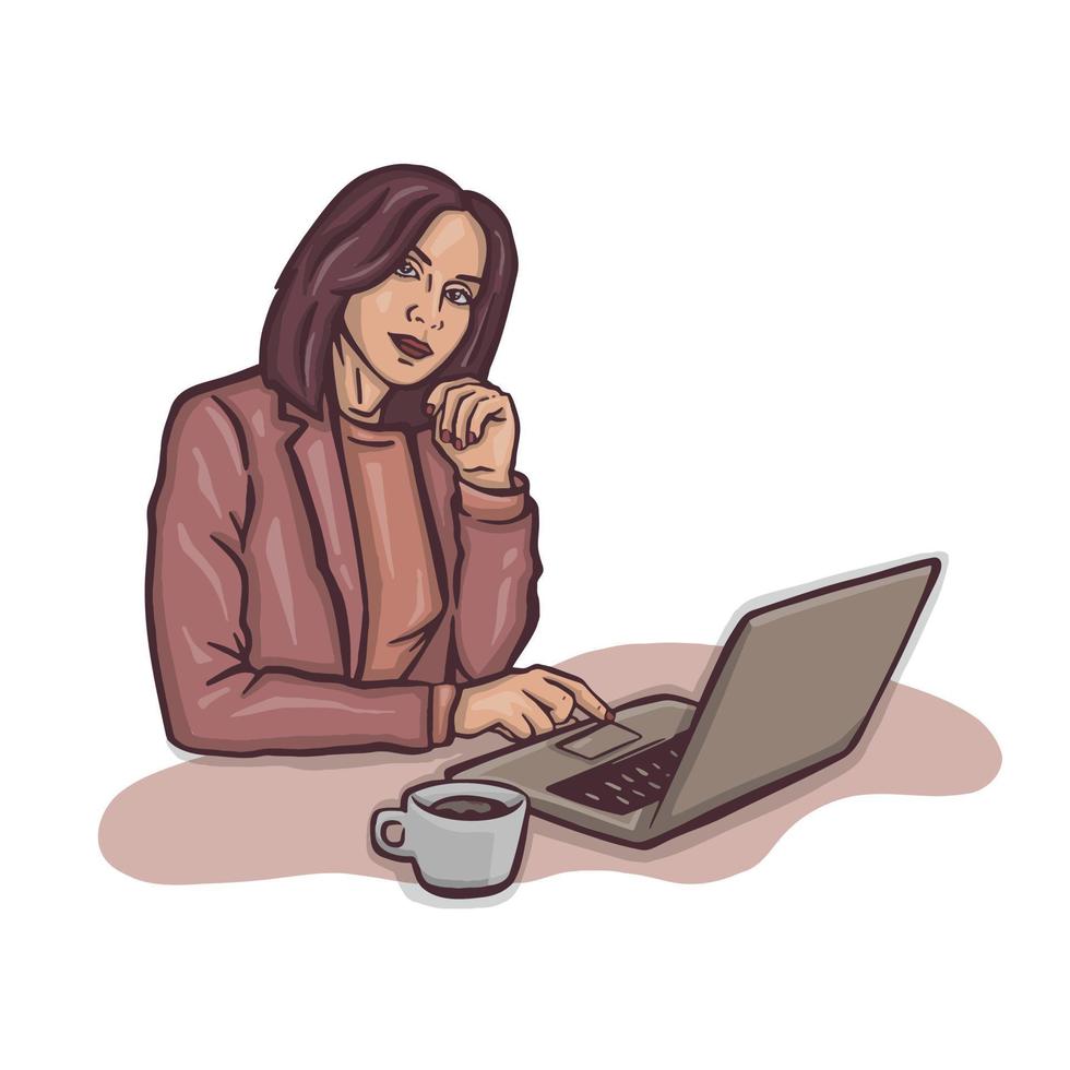 a distanza opera di un' donna dietro a un' il computer portatile in linea colore beige, siti web vettore illustrazioni